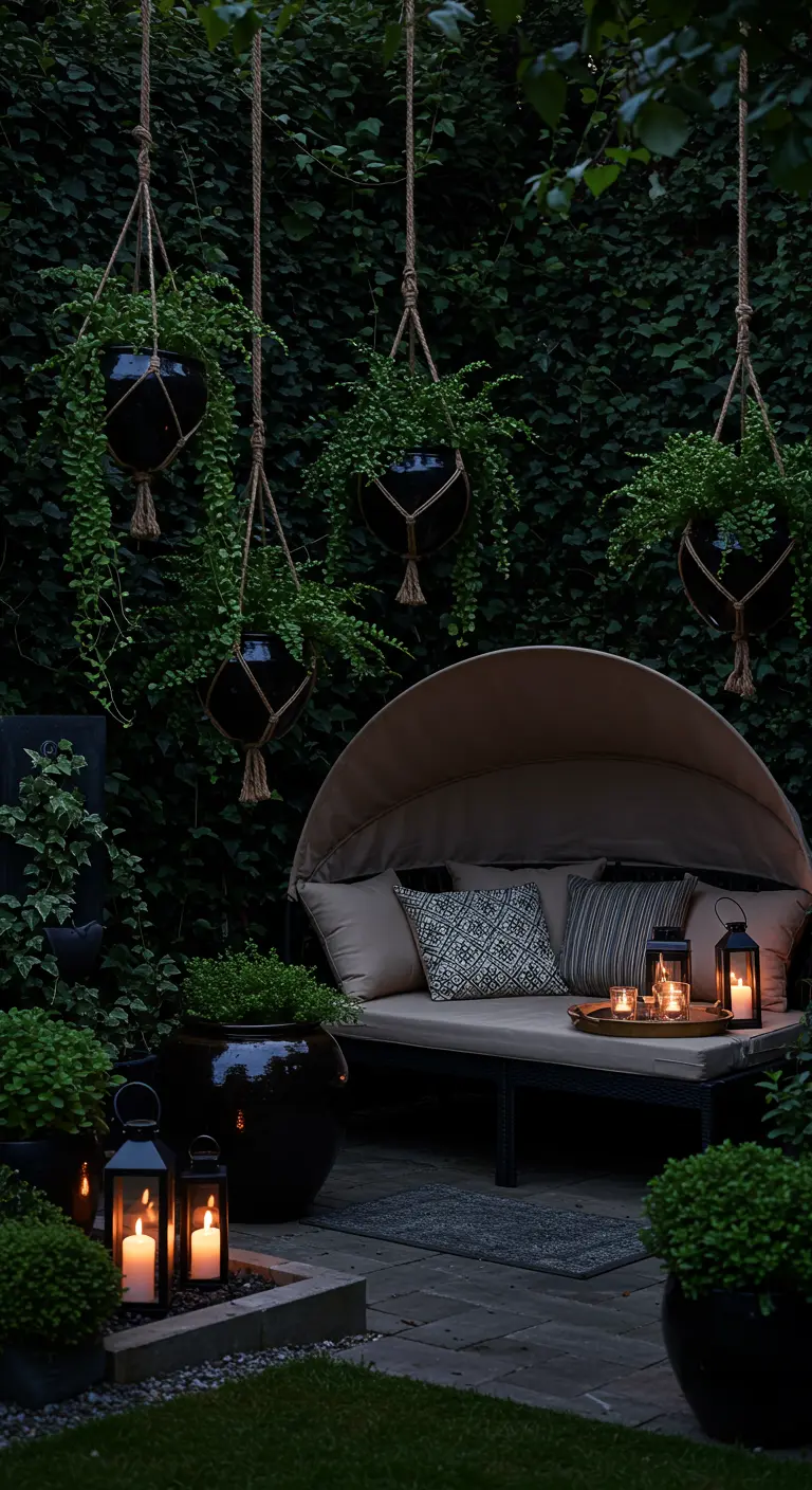 Jardin de nuit intime avec canapé, lanternes allumées et pots noirs suspendus de plantes vertes.