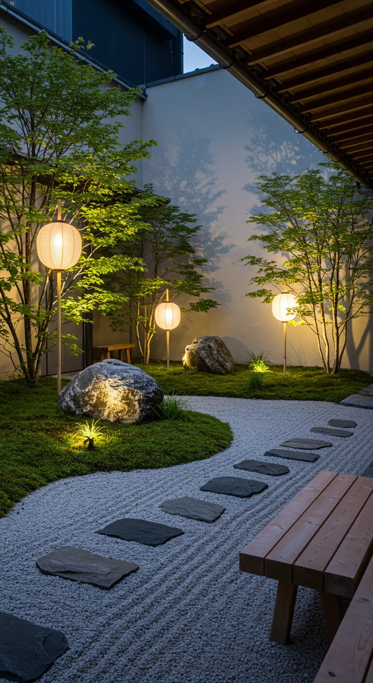 Jardin zen illuminé par des lanternes sur pied, des spots et des chemins de galets.
