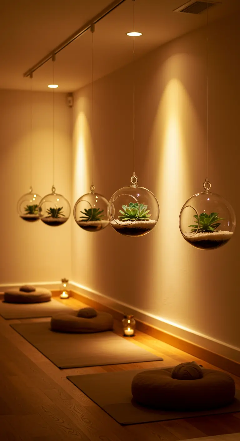 Plusieurs terrariums sphériques avec des succulentes suspendus le long d'un mur dans une salle de méditation.
