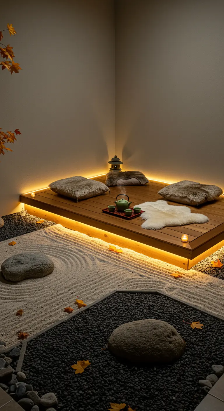 Jardin zen avec plateforme en bois éclairée, coussins et service à thé.