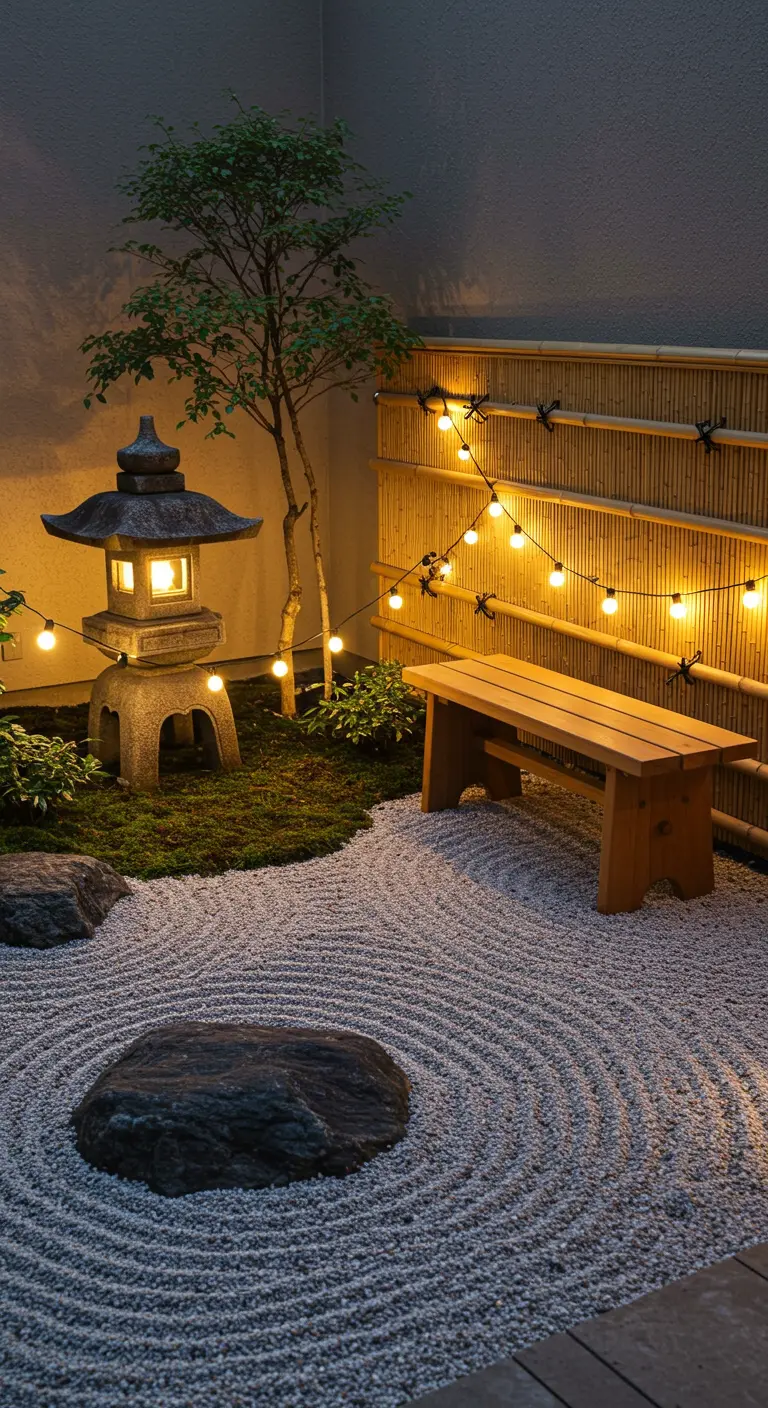 Jardin zen avec lanterne en pierre, clôture en bambou éclairée par des guirlandes et gravier.