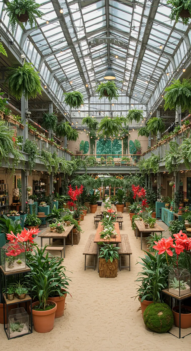 Grande serre botanique avec sol en sable, tables en bois, bancs, et une profusion de plantes vertes et rouges.