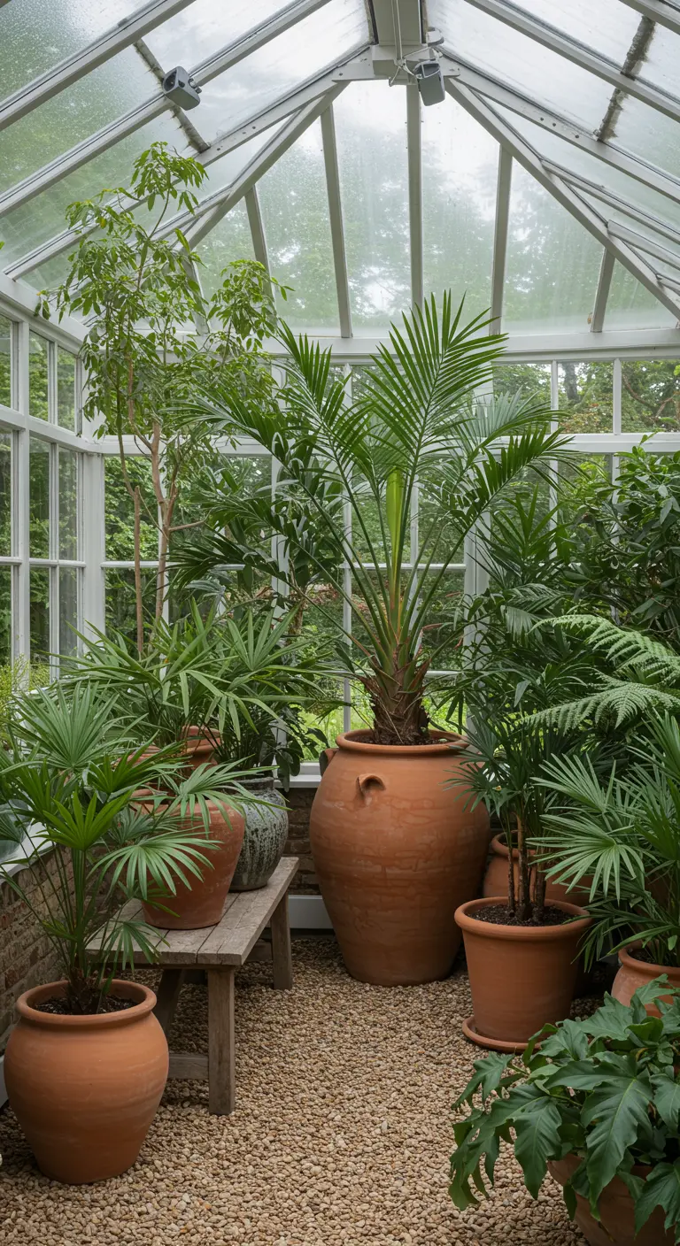 Multiples plantes tropicales dans des pots en terre cuite dans une serre lumineuse.