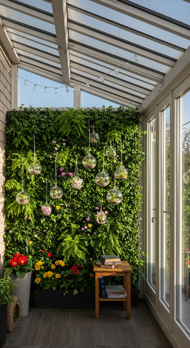 Véranda avec mur végétal luxuriant, boules en verre suspendues avec plantes et petite table en bois.