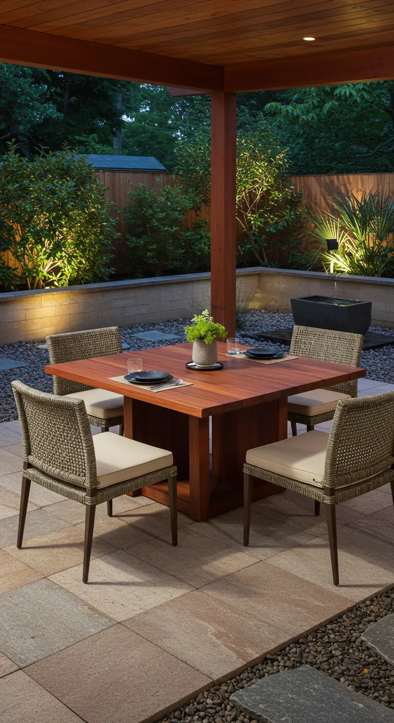Table carrée en bois foncé, chaises tressées neutres avec coussins, entourées de verdure et éclairage indirect.