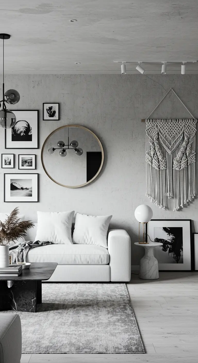 Salon monochrome avec mur en béton clair, galerie de photos noir et blanc, miroir rond et grand macramé blanc.