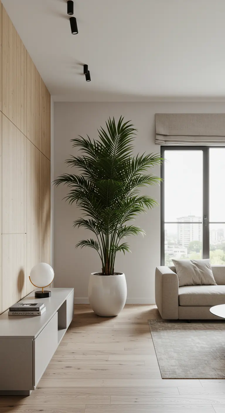 Grande palme Areca dans un pot blanc rond dans un salon moderne.