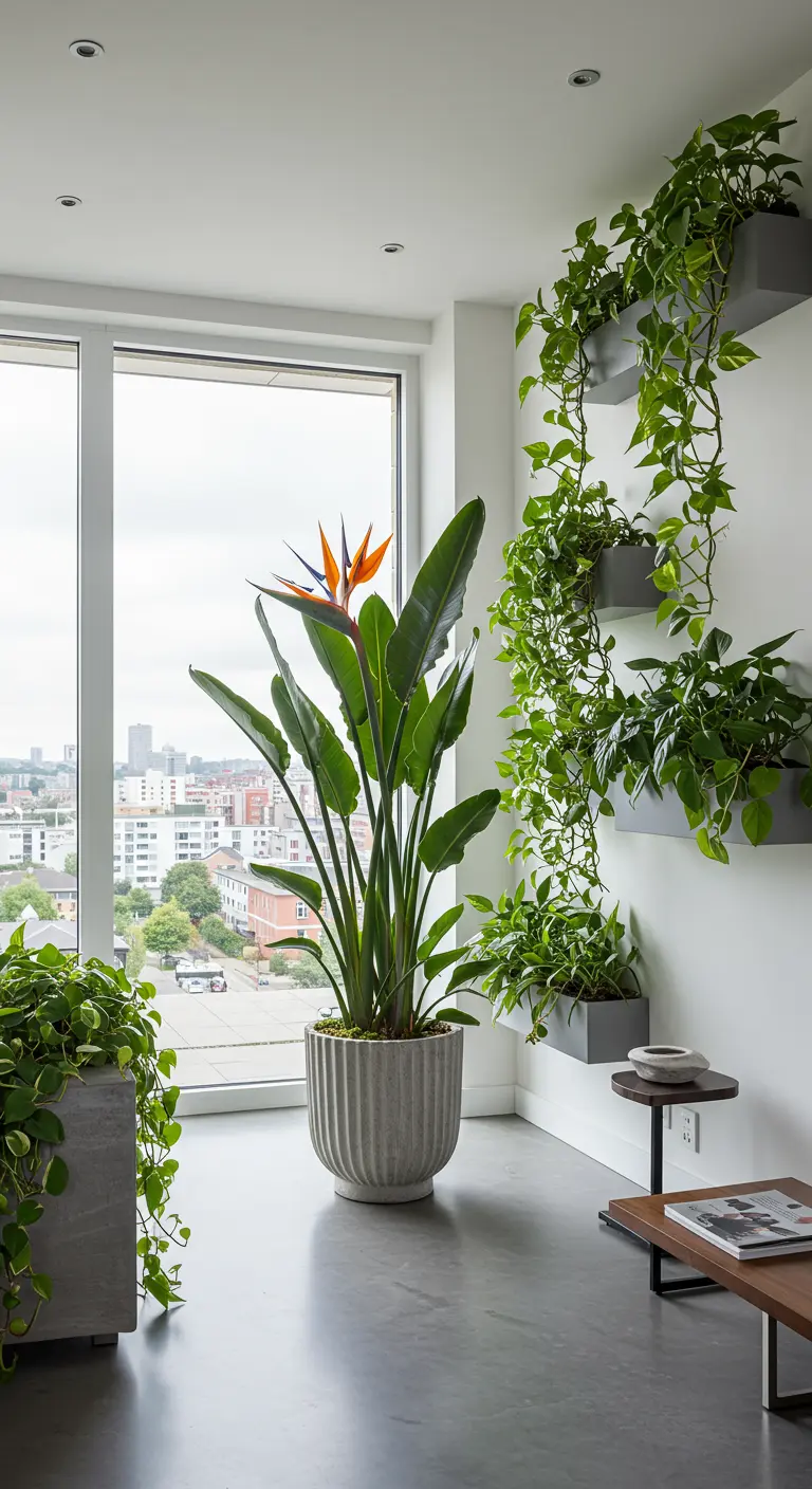 Strelitzia et plantes retombantes dans un appartement moderne avec vue.