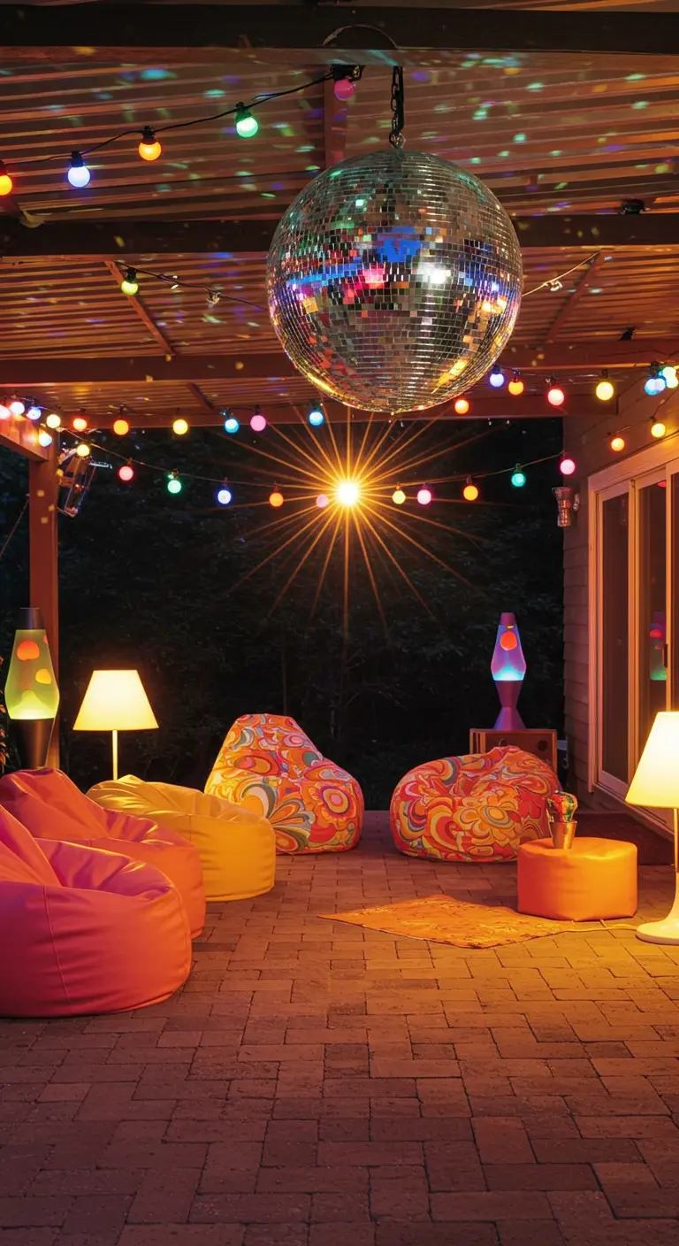 Patio coloré avec boule disco, guirlandes multicolores, lampes à lave et poufs vifs.