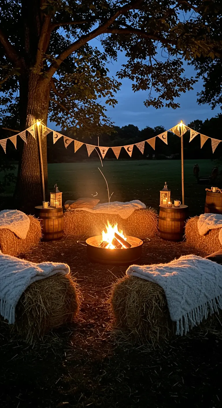 Feu de camp nocturne entouré de bottes de foin avec plaids, tonneaux avec lanternes, guirlande.