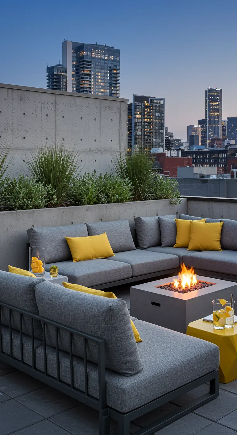 Toit-terrasse moderne avec canapé d'angle gris, coussins jaunes et foyer au gaz.