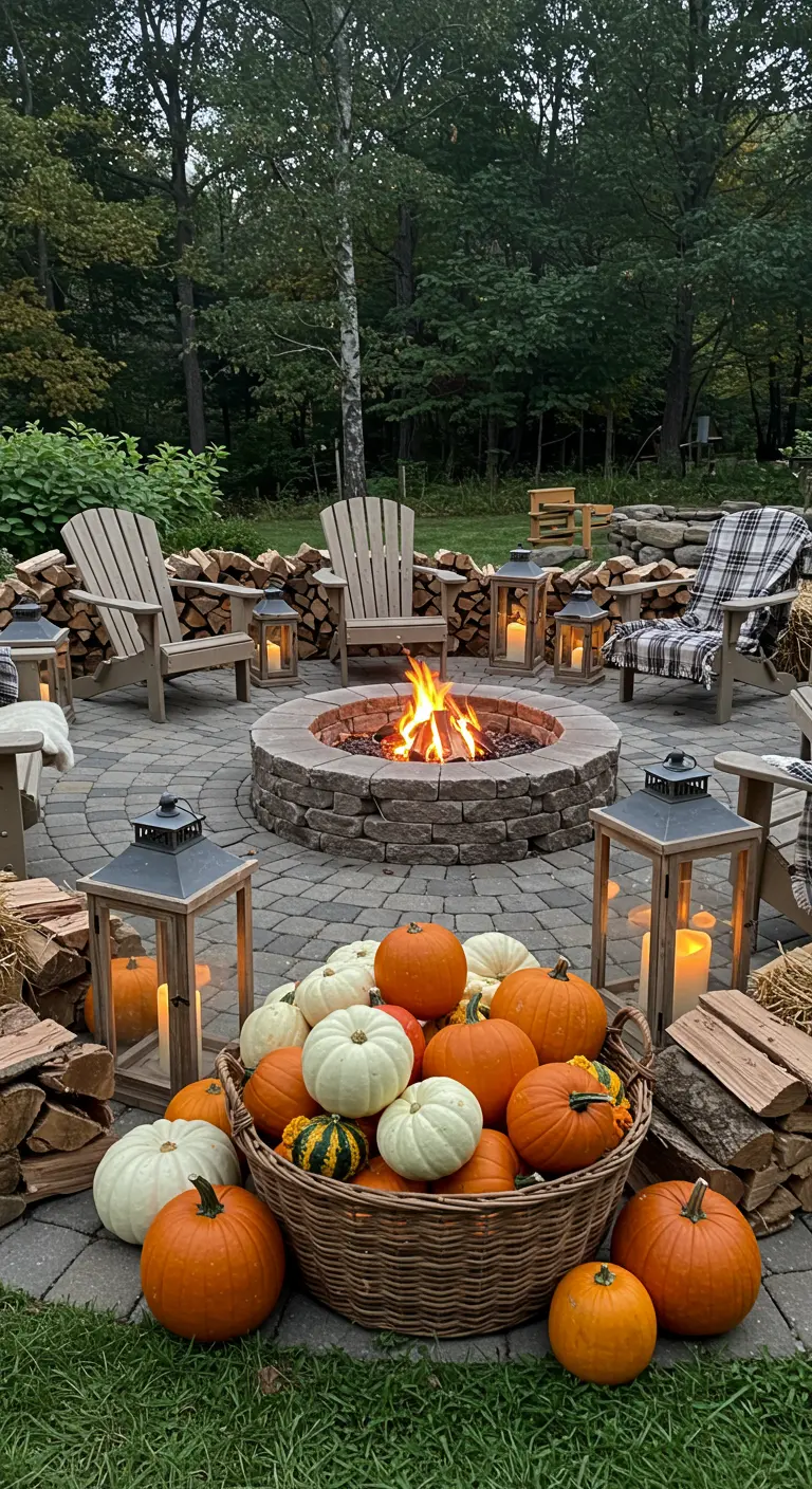 Foyer extérieur entouré de chaises, piles de bois, panier de citrouilles et lanternes pour l'automne.