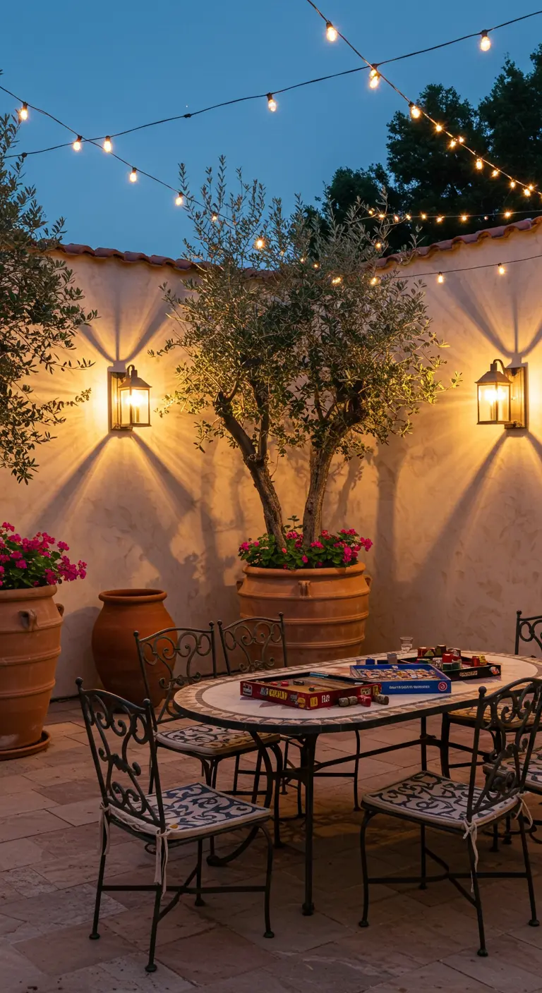 Patio de style méditerranéen avec appliques murales, guirlandes, oliviers en pots et table de jeu.