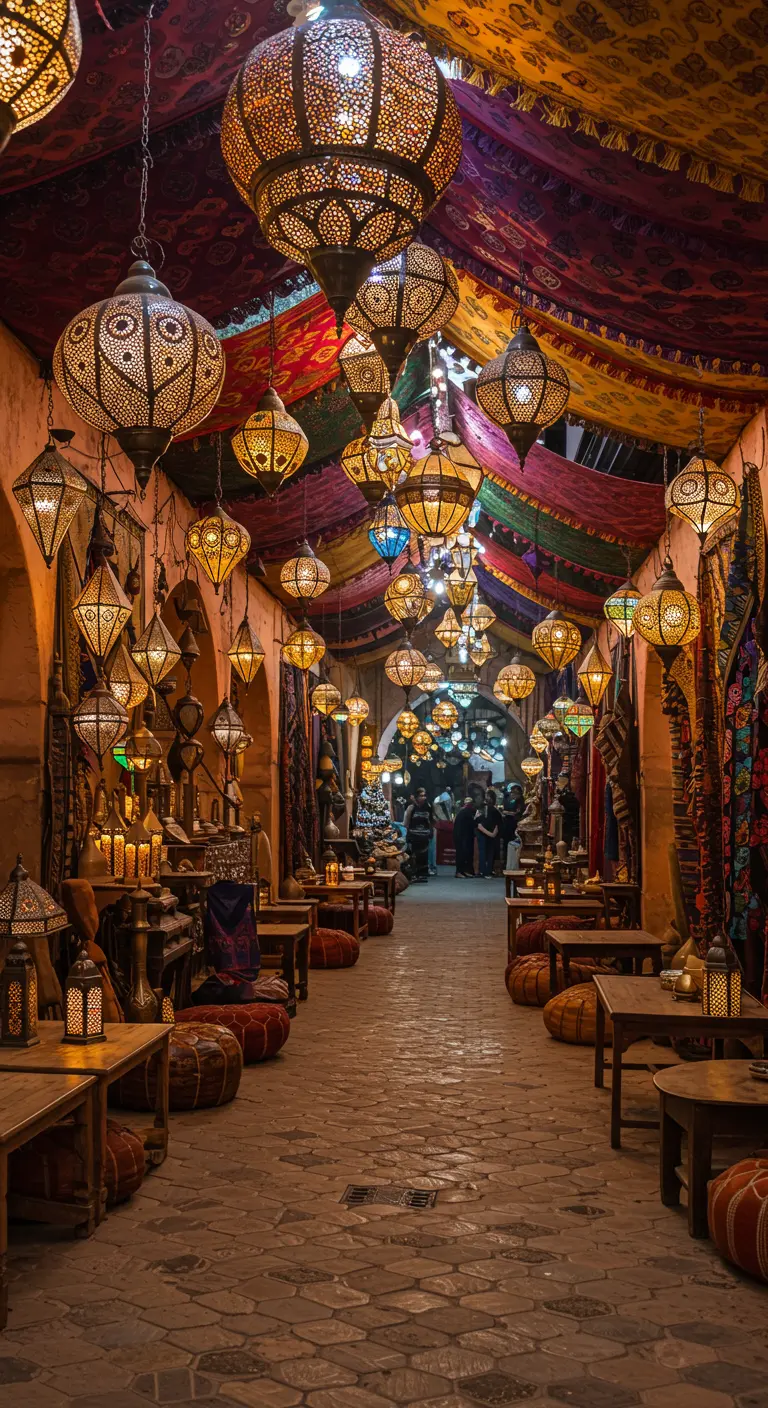 Ruelle de souk marocain richement décorée avec des centaines de lanternes ajourées suspendues sous des étoffes colorées.
