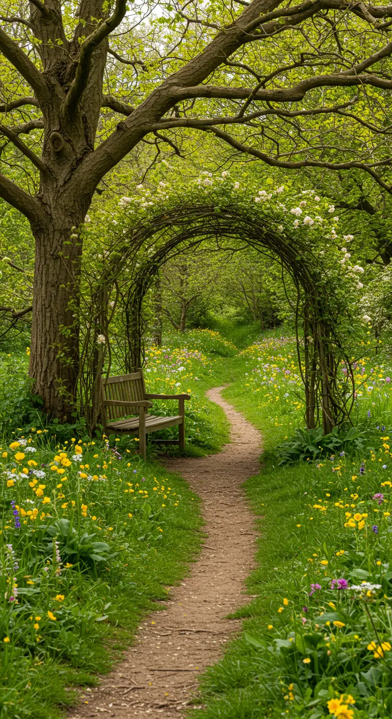 Allée de terre serpentant sous une arche d'arbres, bordée de fleurs sauvages et un banc en bois.