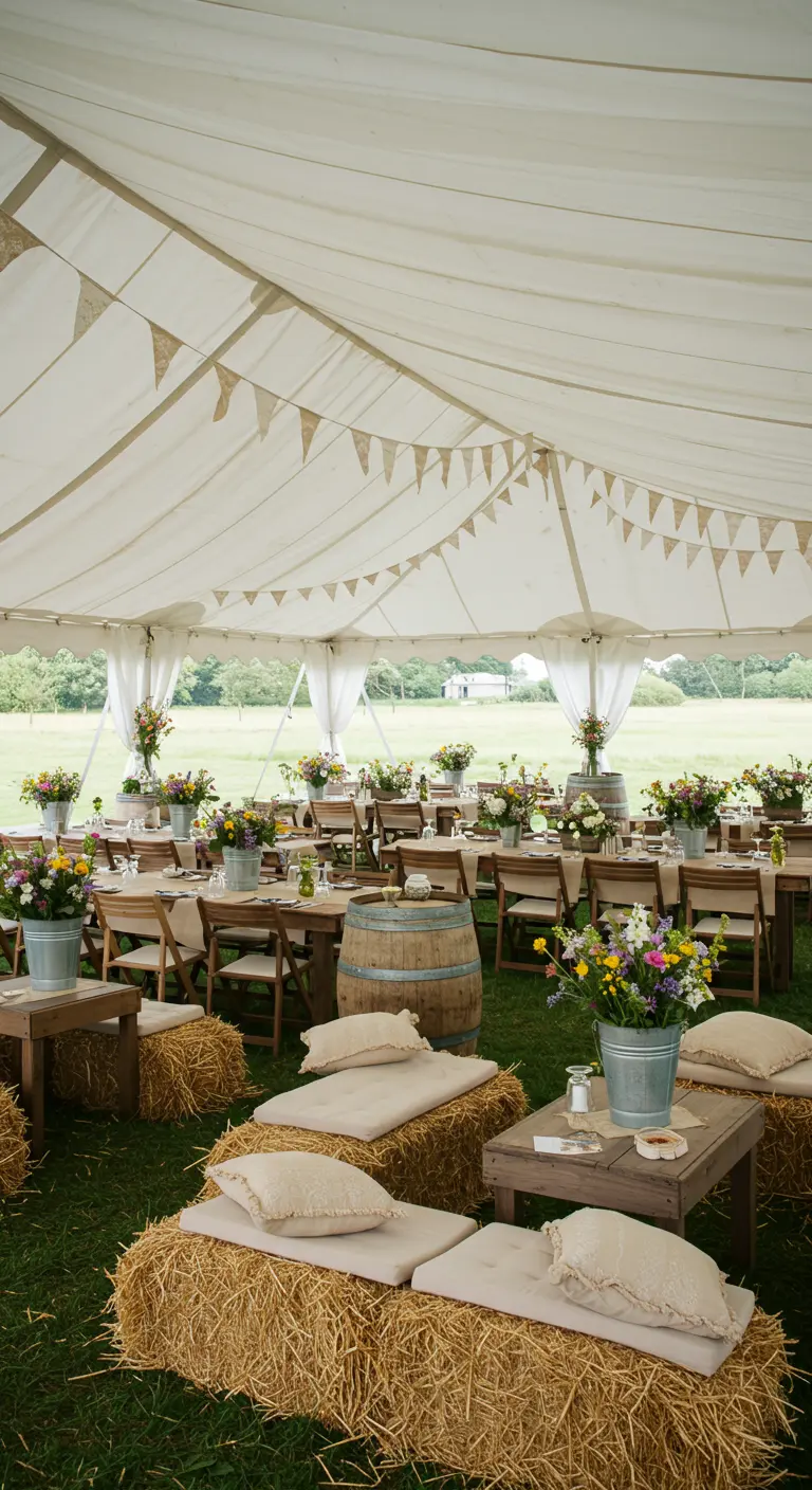 Réception sous tente avec tables, bottes de foin coussinées, tonneaux, arrangements floraux et guirlandes.