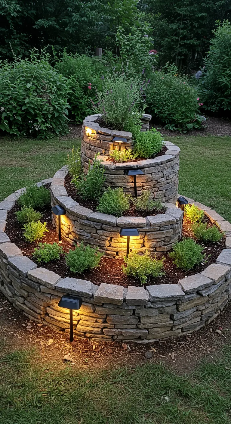Spirale d'herbes aromatiques en pierre avec des petites lampes solaires éclairant chaque niveau.