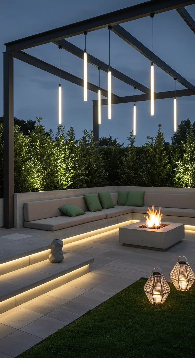 Patio moderne avec banc en béton, éclairage LED intégré et suspensions verticales lumineuses.