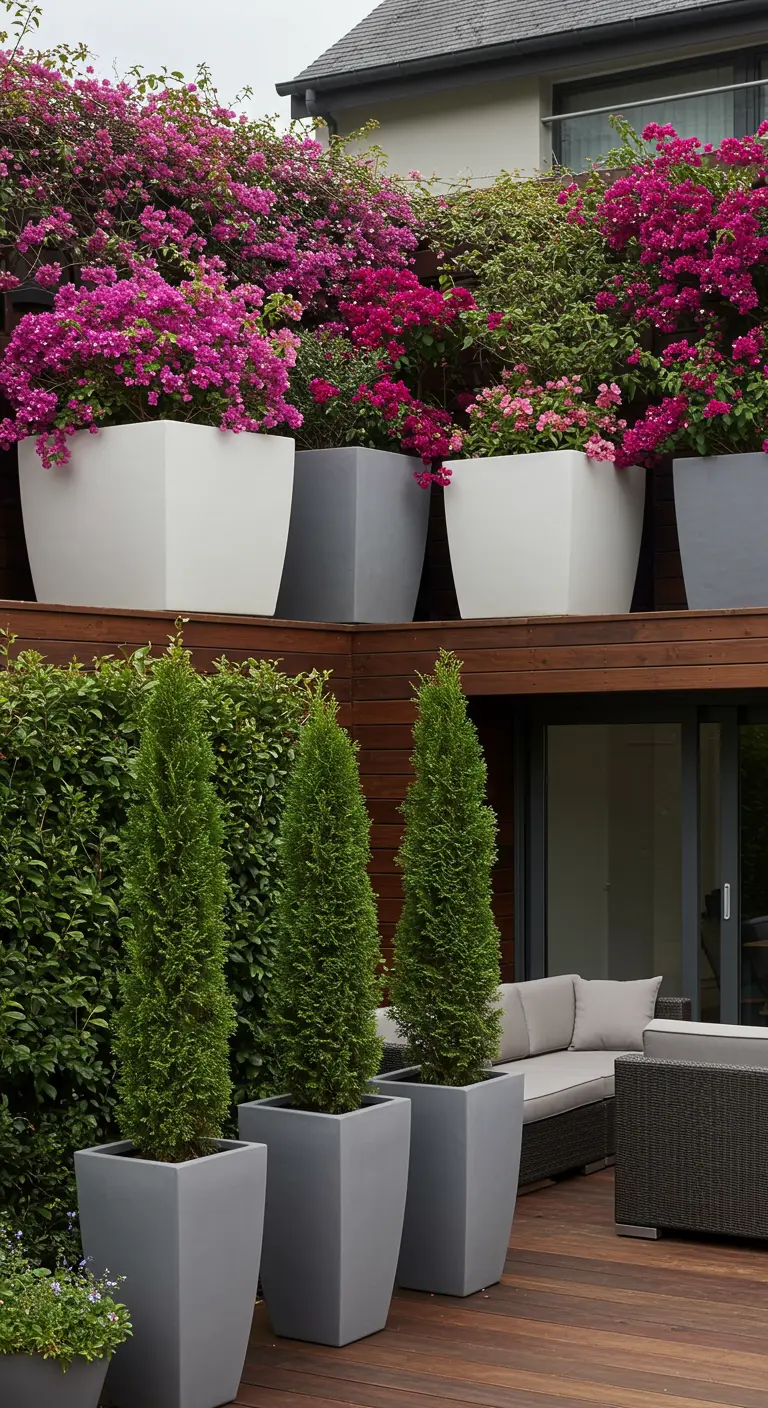 Jardin étagé avec de grands pots carrés blancs et gris remplis de bougainvilliers et cyprès.
