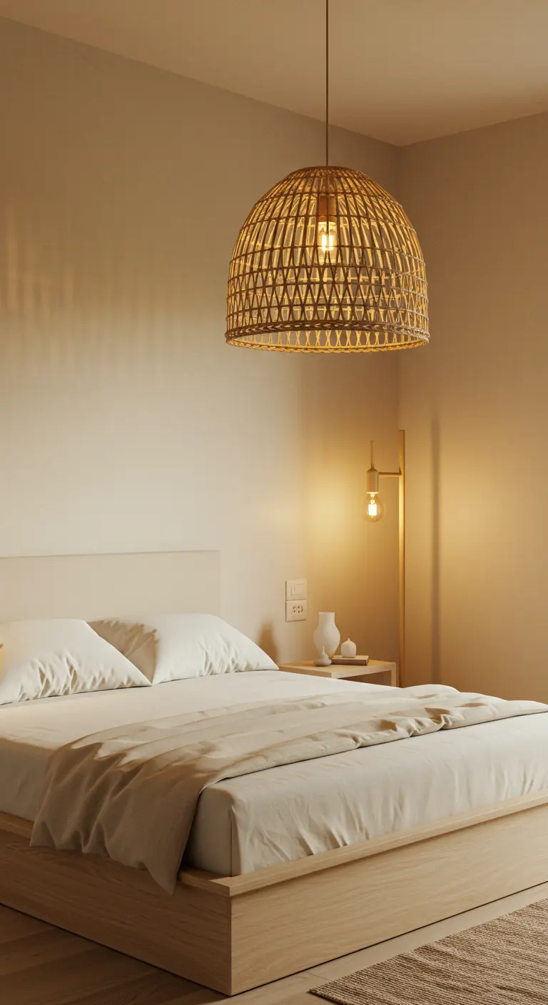 Chambre avec une grande suspension en rotin et une lampe sur pied, créant une ambiance bohème.
