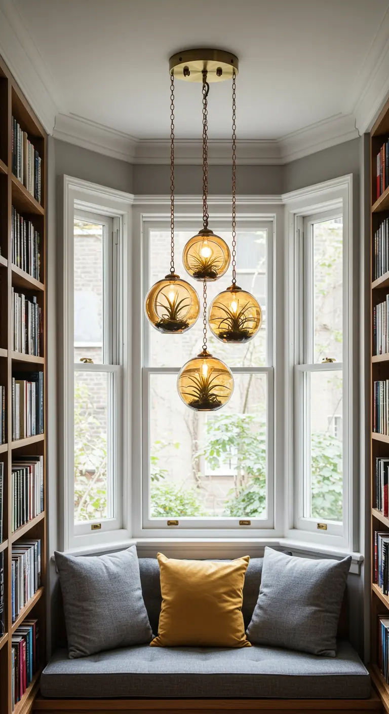 Quatre terrariums sphériques en verre ambré avec Tillandsias, intégrés à un luminaire suspendu dans un coin lecture.