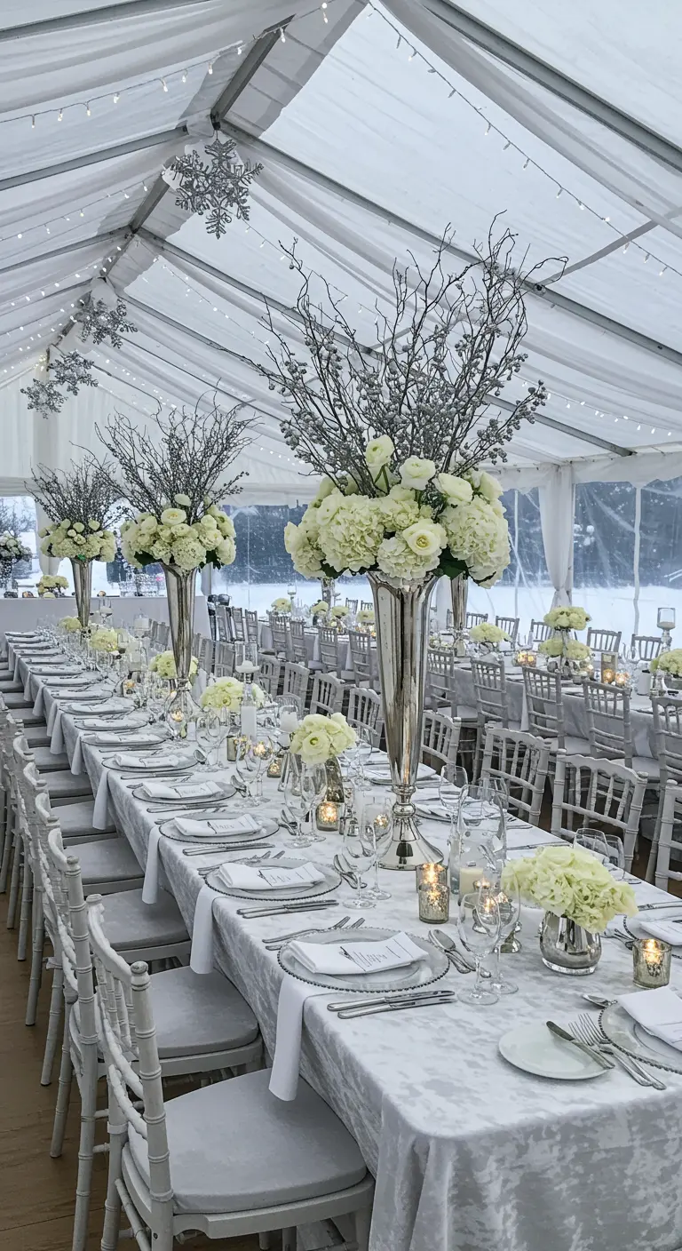 Tente de réception entièrement blanche avec de longues tables, centres de table argentés de fleurs blanches et branches givrées.