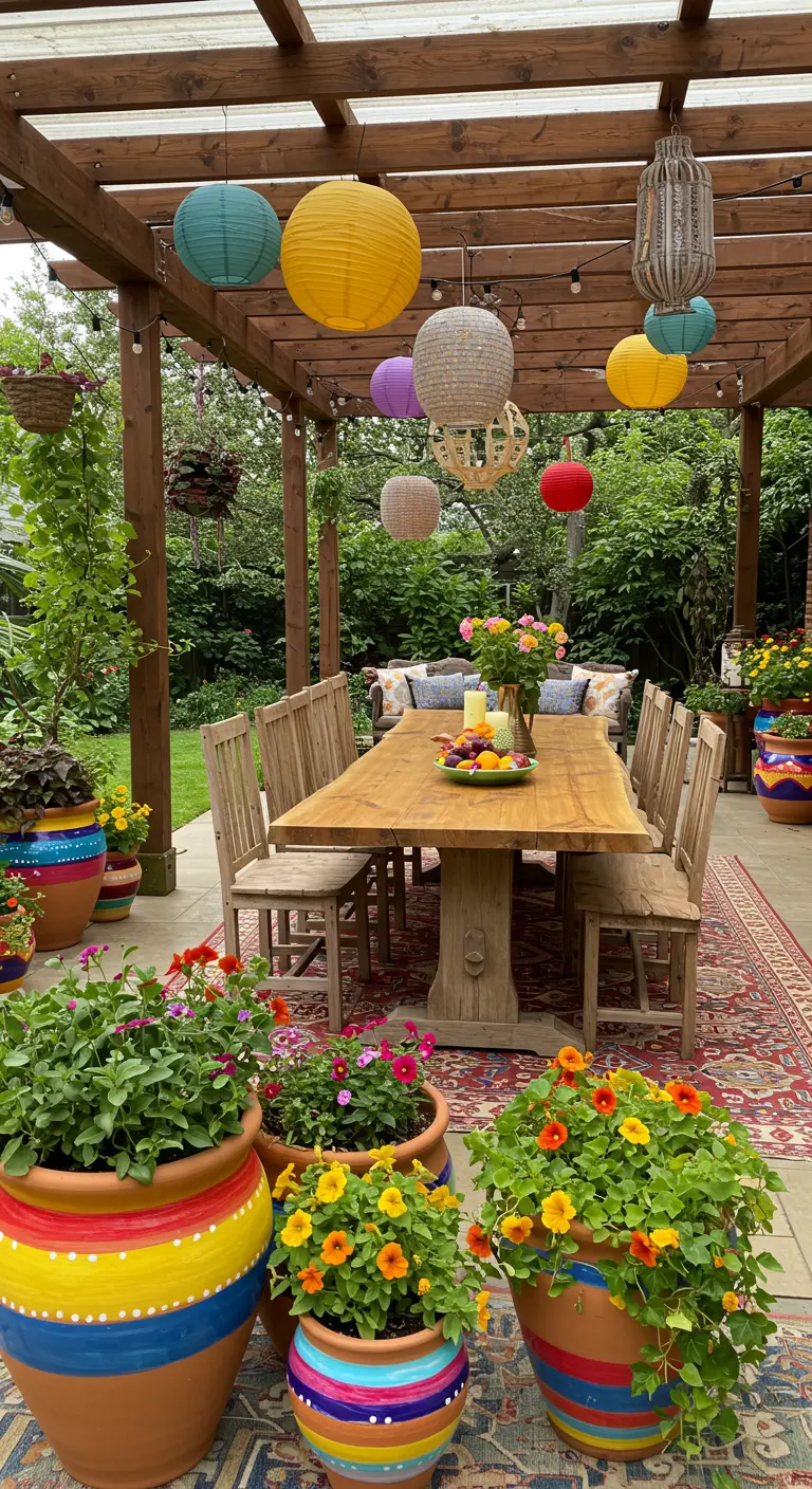 Terrasse festive avec table en bois, pots peints multicolores, lampions colorés et plantes fleuries.