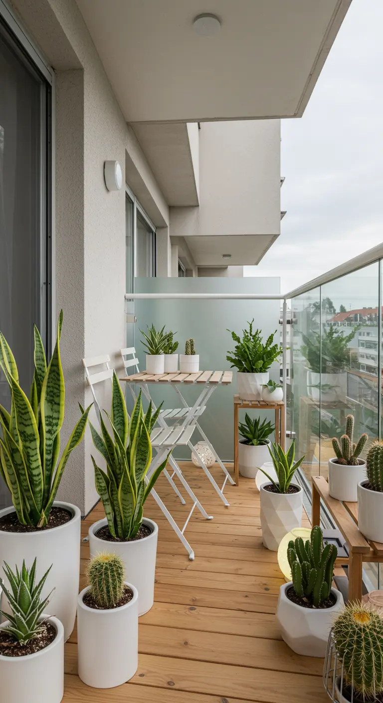 Balcon avec sol en bois, pots blancs variés remplis de succulentes et de cactus.