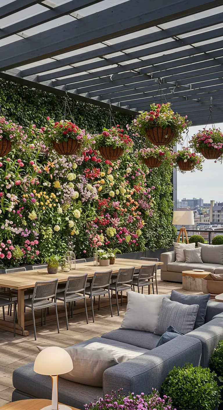 Grande terrasse avec un mur végétal immense et multicolore, des suspensions fleuries et un grand salon de jardin.