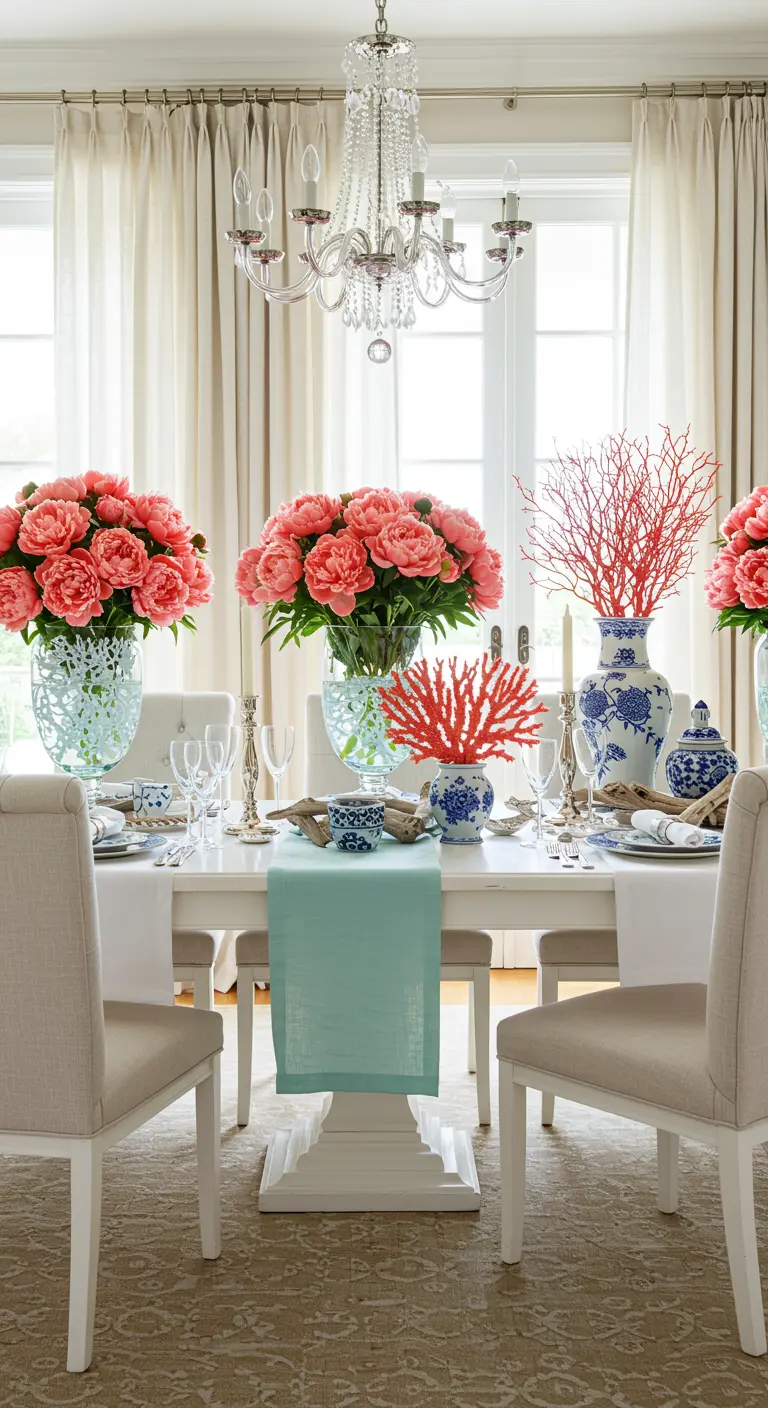 Table élégante avec nappe blanche, chemin de table menthe, pivoines corail, vases bleus et blancs, et chandeliers.