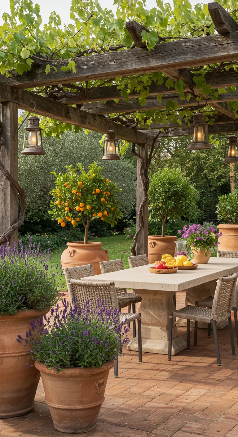 Table sous une pergola en treille, entourée de pots de lavande et d'agrumes.