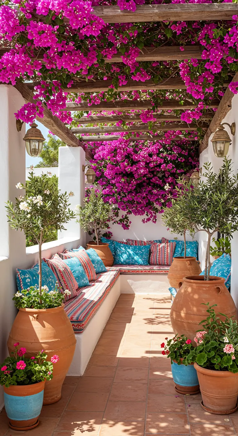 Terrasse méditerranéenne avec pergola de bougainvilliers, banquettes colorées et oliviers en pot.