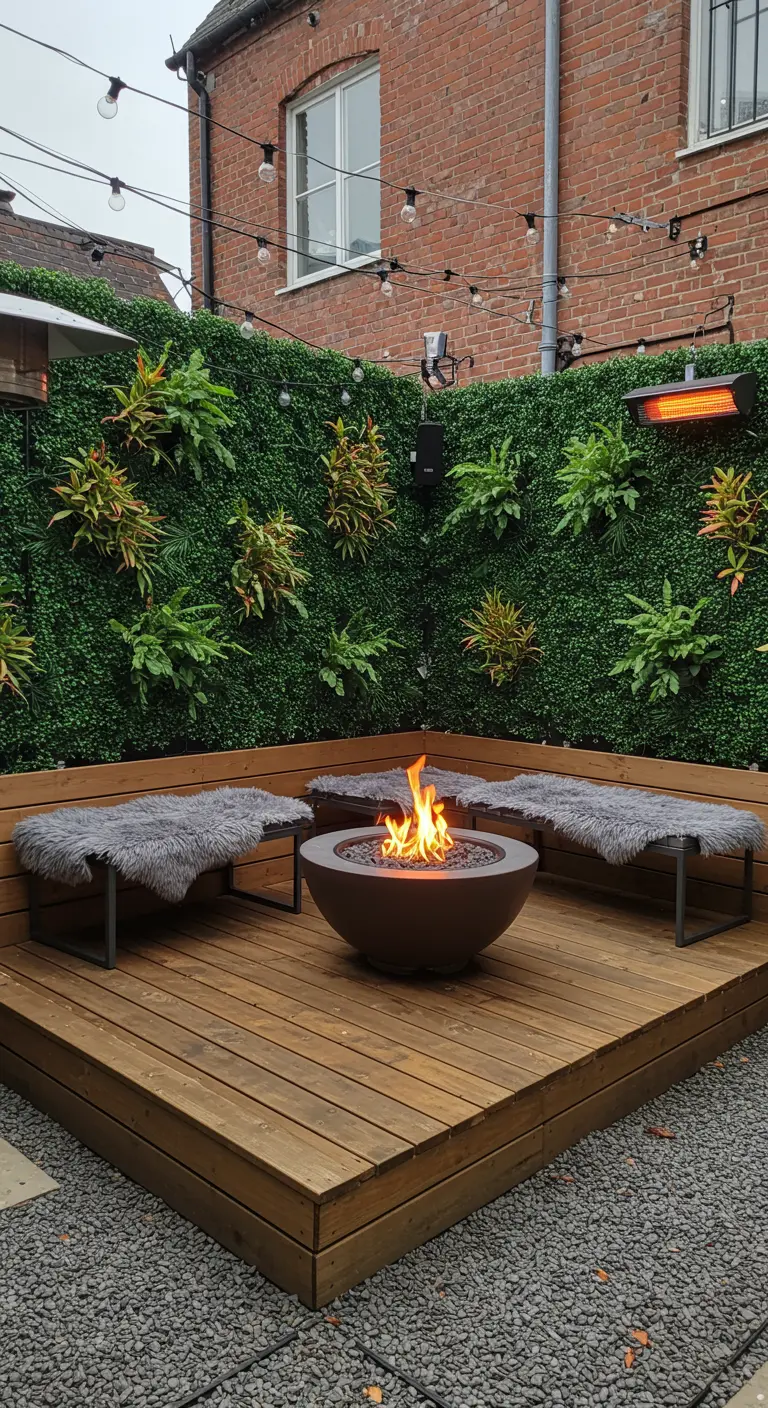 Terrasse urbaine avec brasero, bancs en fausse fourrure grise, mur végétal et chauffage mural.