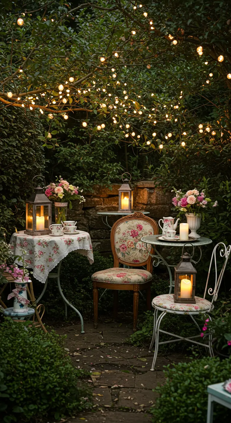 Coin jardin secret romantique avec tables de thé, lanternes et guirlandes lumineuses.