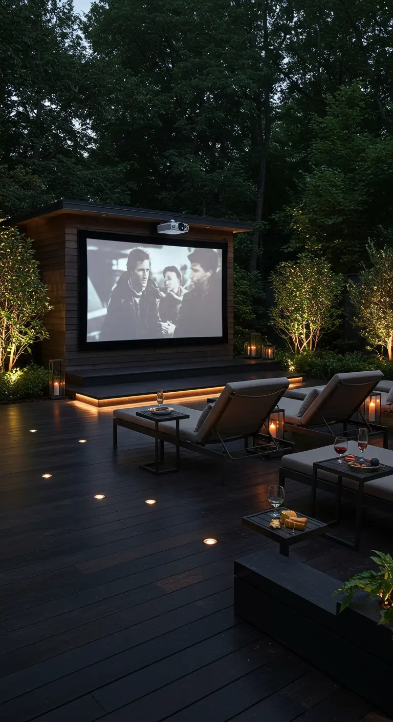 Cinéma extérieur élégant avec écran intégré, chaises longues, spots au sol et lanternes discrètes.