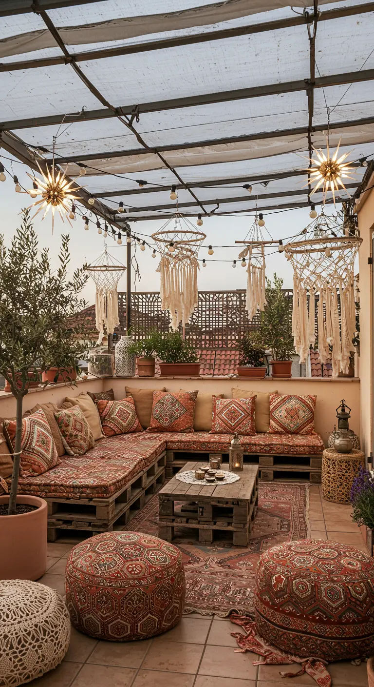 Toit-terrasse bohème avec canapés en palettes, coussins colorés, macramés et lumières étoilées.