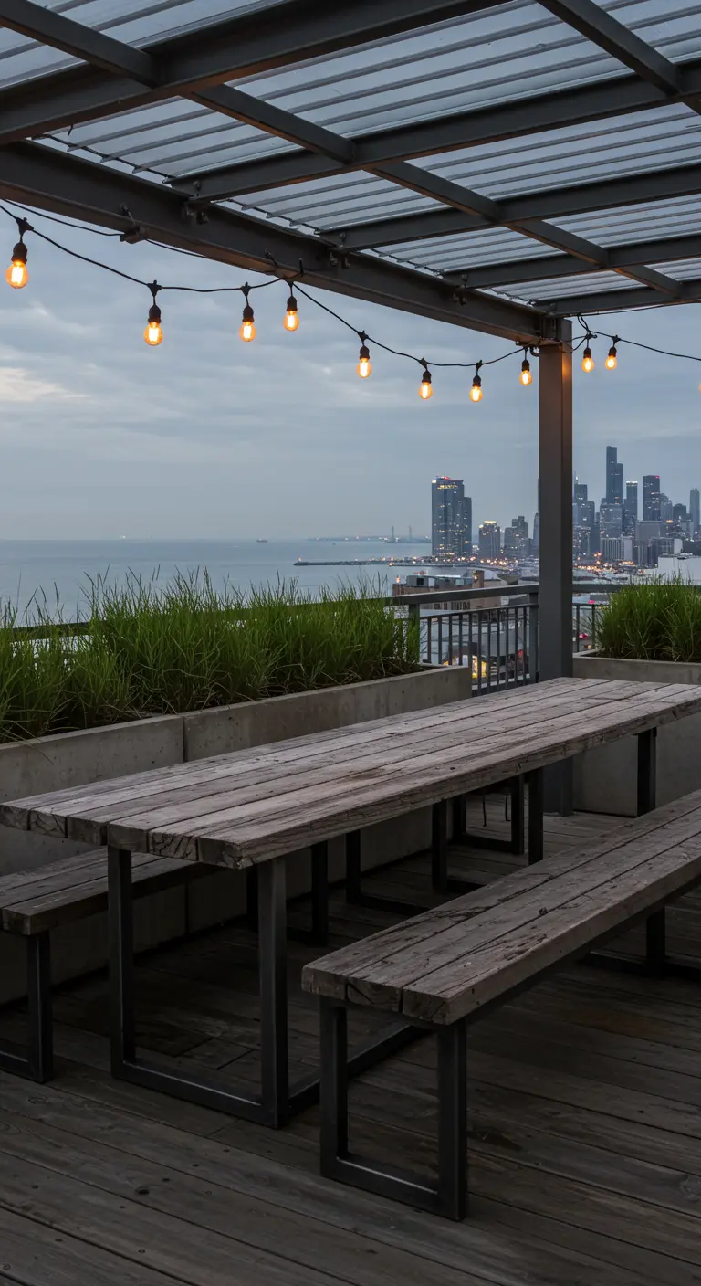 Longue table de pique-nique en bois sur un toit-terrasse urbain avec jardinières de graminées et guirlandes.