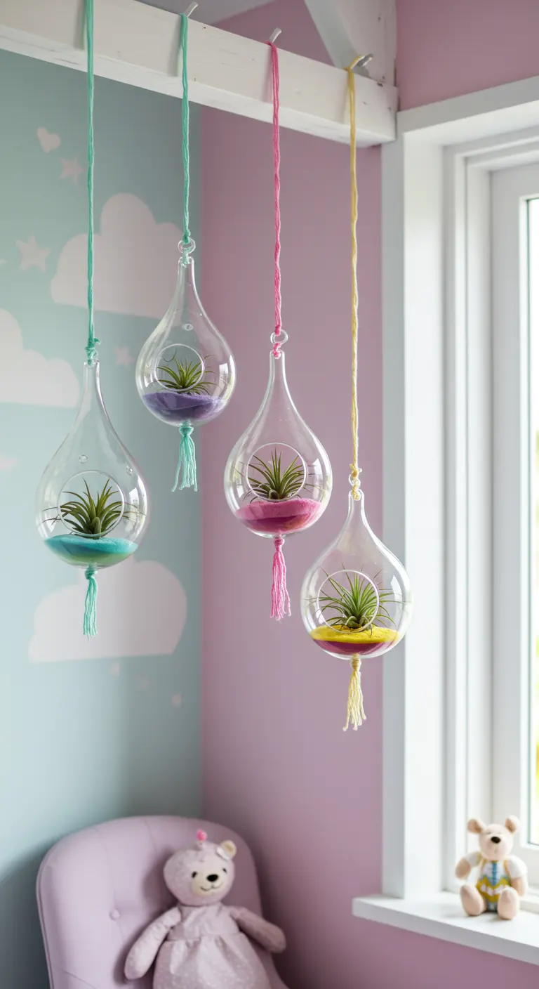 Quatre terrariums en verre en forme de goutte avec Tillandsias et sables colorés, suspendus par des fils colorés dans une chambre d'enfant.