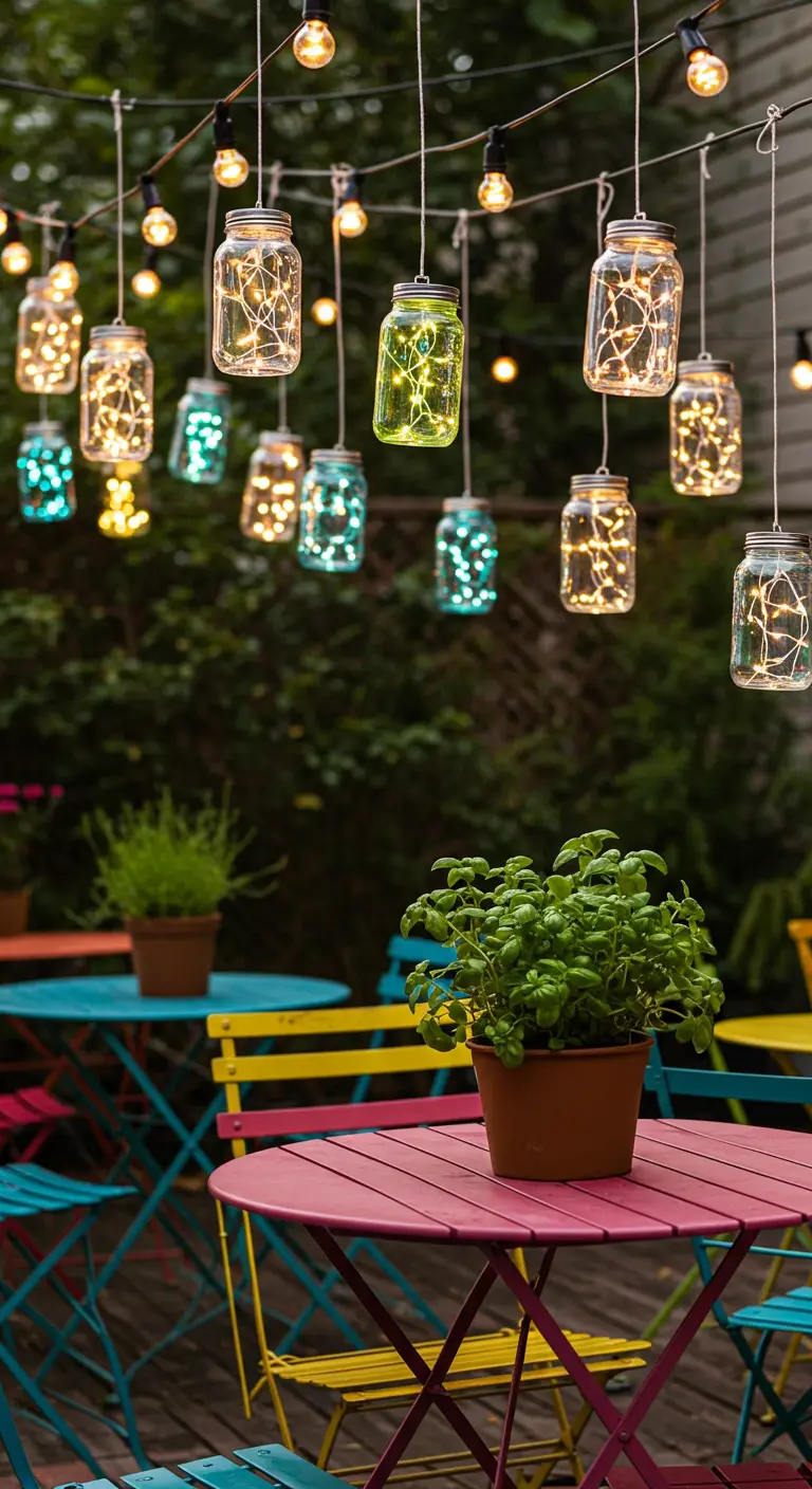 Mobilier de bistro coloré sur une terrasse, avec des guirlandes lumineuses et des bocaux lumineux suspendus, certains teintés de couleur.