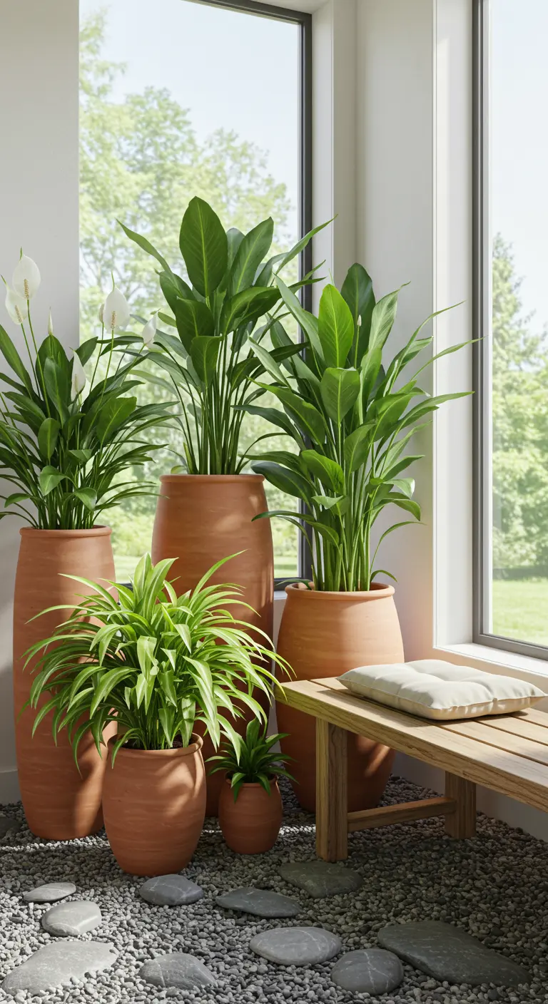 Espace de transition avec pots en terre cuite, plantes vertes, gravier bicolore et banc en bois.