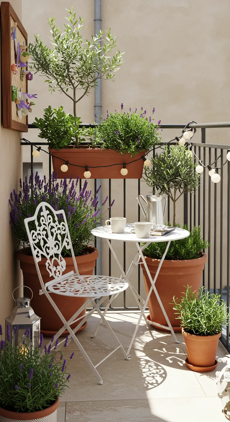 Petit balcon avec set bistro blanc, lavande, oliviers en pots terracotta et guirlande lumineuse.