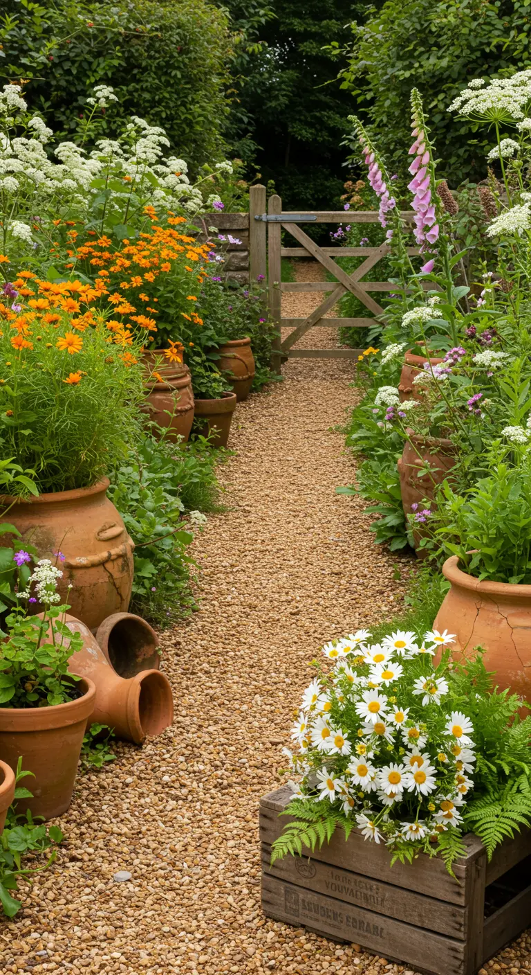 Chemin de gravier traversant un jardin fleuri avec des pots en terre cuite et un bouquet de marguerites.