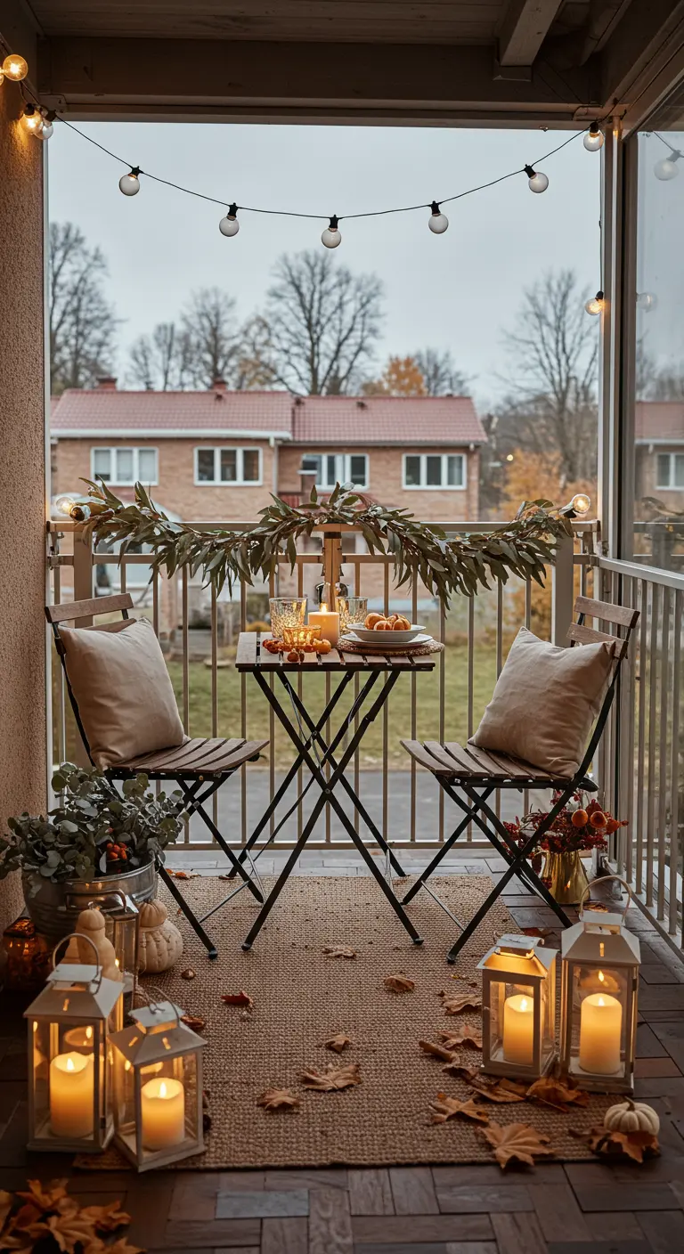 Petit balcon avec table, chaises, guirlandes lumineuses, lanternes et feuilles d'automne.