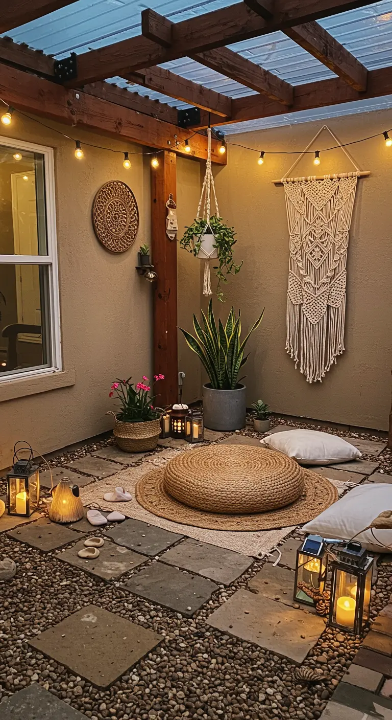 Petit patio avec un salon de sol, pouf en jute, lanternes et tapis, ambiance chaleureuse.