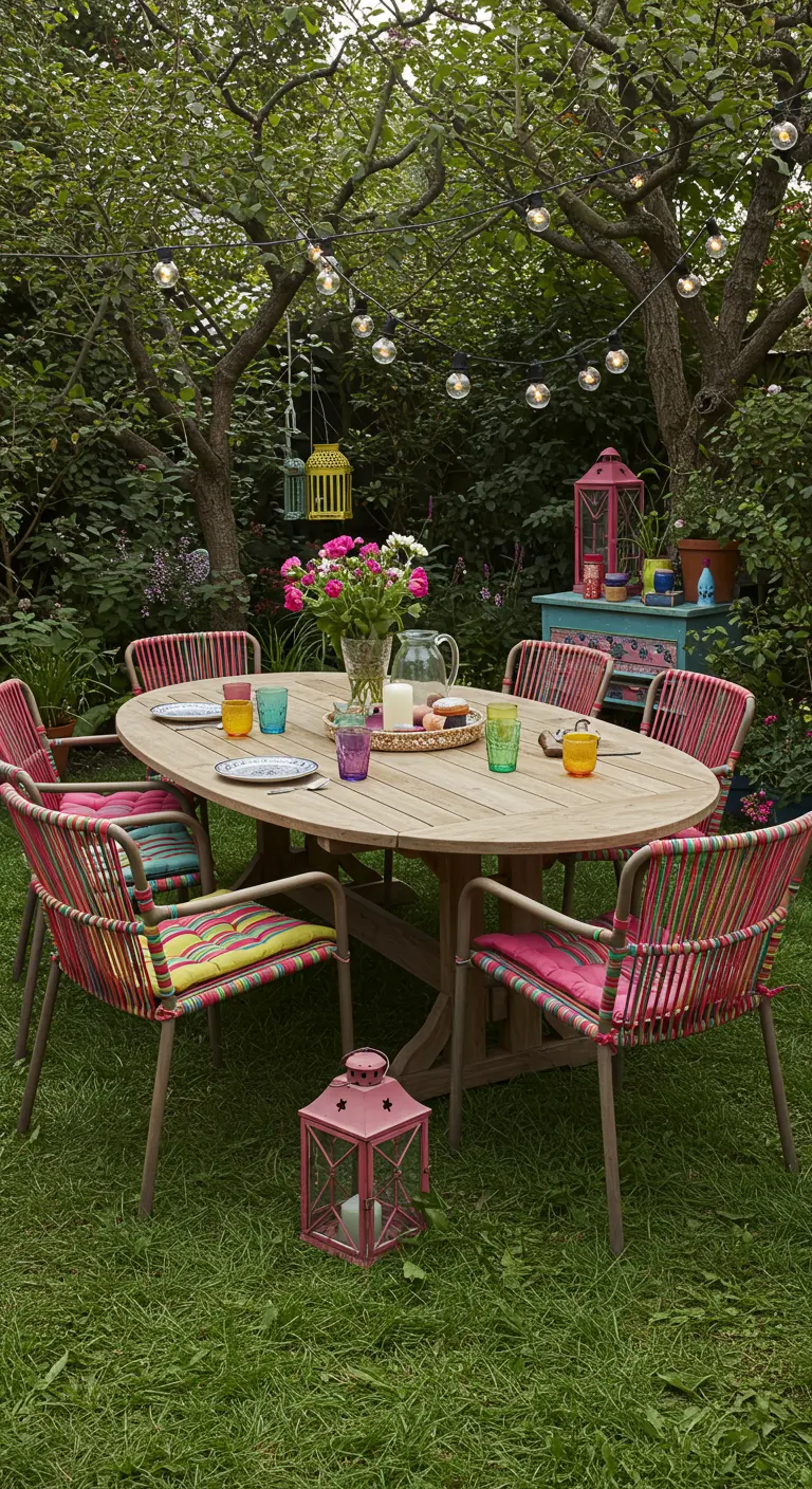 Table ovale en bois, chaises multicolores tressées, poufs, guirlandes lumineuses dans un jardin.