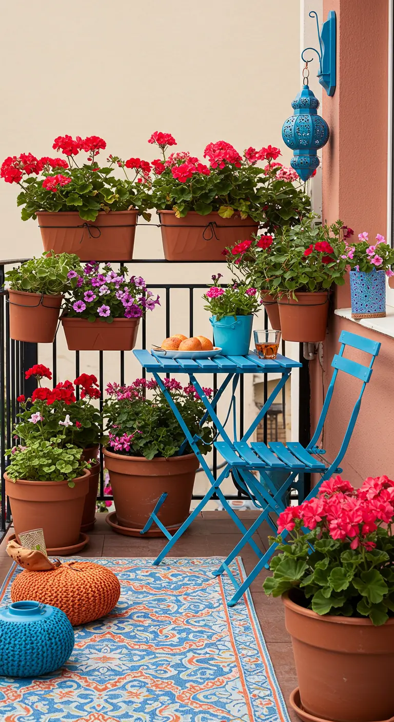 Balcon coloré avec mobilier bistro bleu, tapis motif et géraniums rouges et roses.