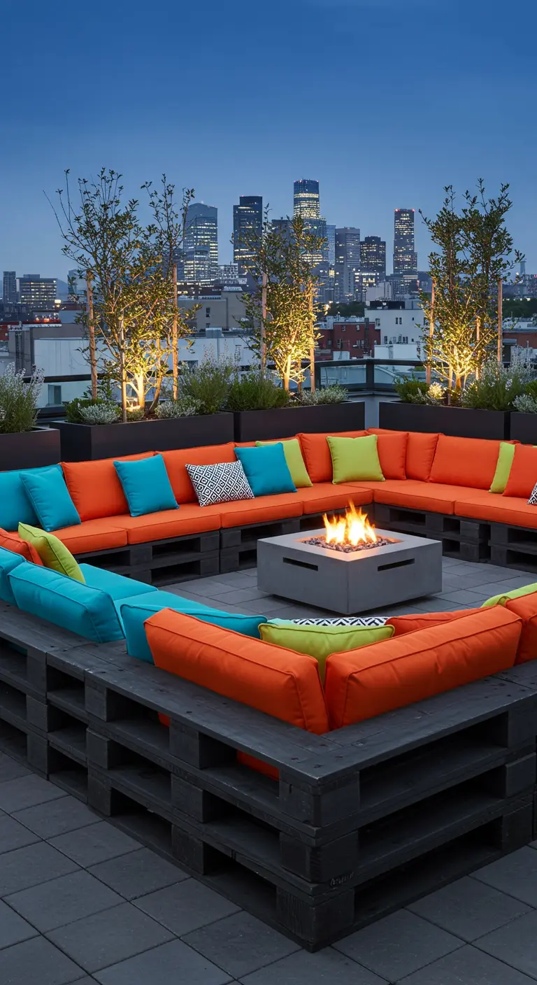 Salon de toit-terrasse moderne avec palettes noires, coussins colorés, foyer central et vue sur la ville.