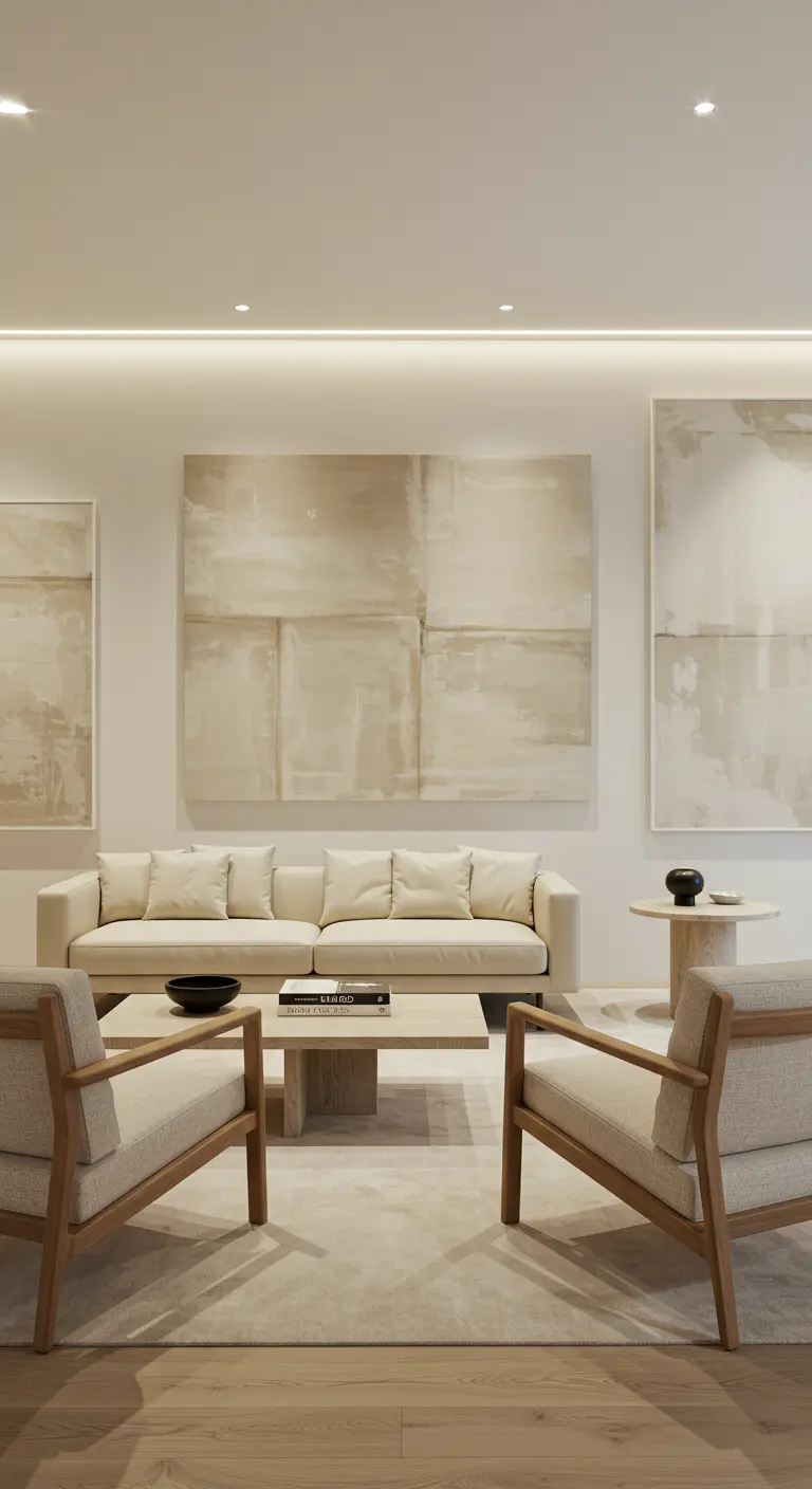 Salon crème et bois clair, grandes œuvres d'art abstraites, canapé, deux fauteuils.