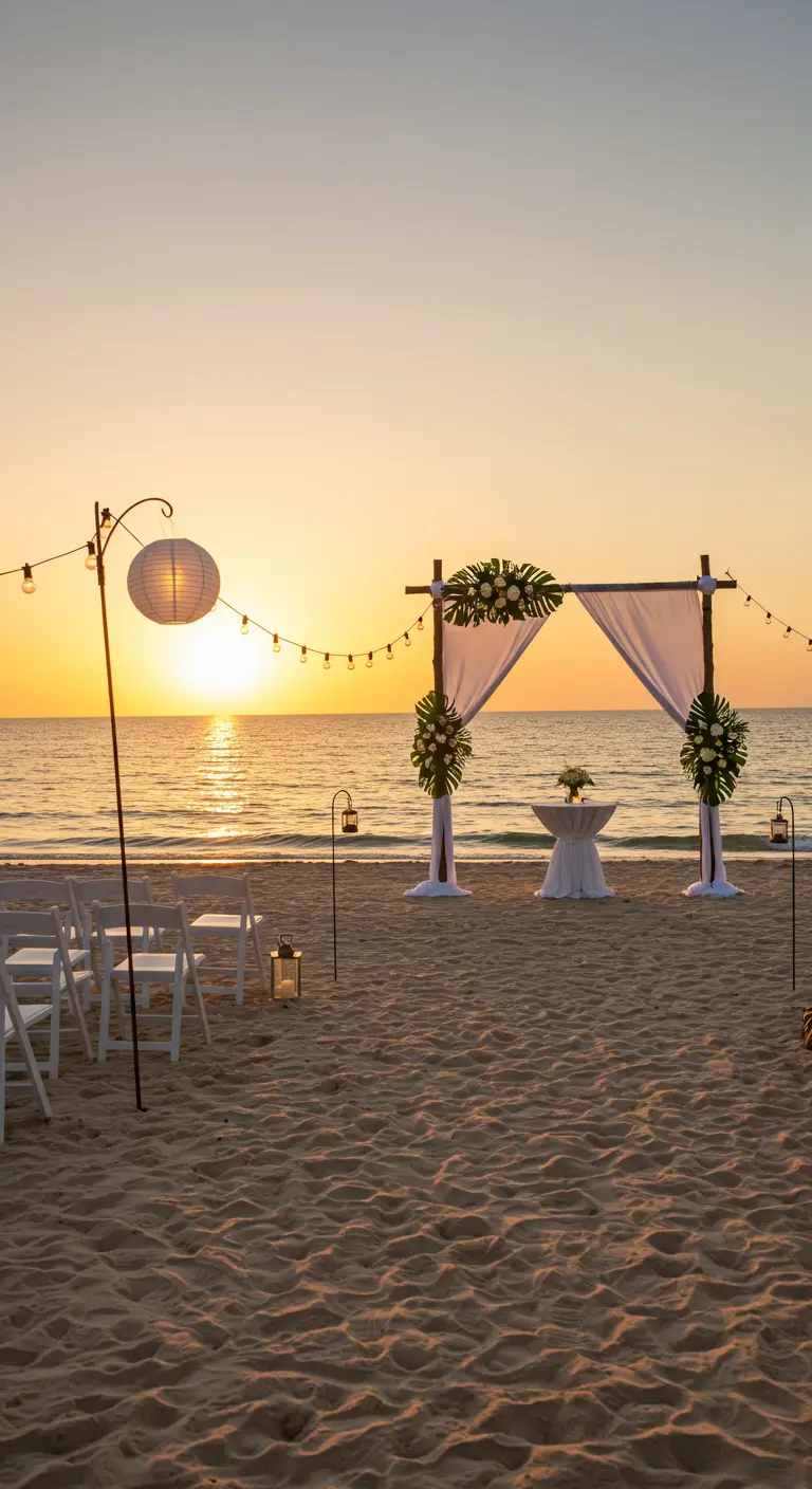 Cérémonie de mariage sur une plage au coucher du soleil, avec arche fleurie et lampions.