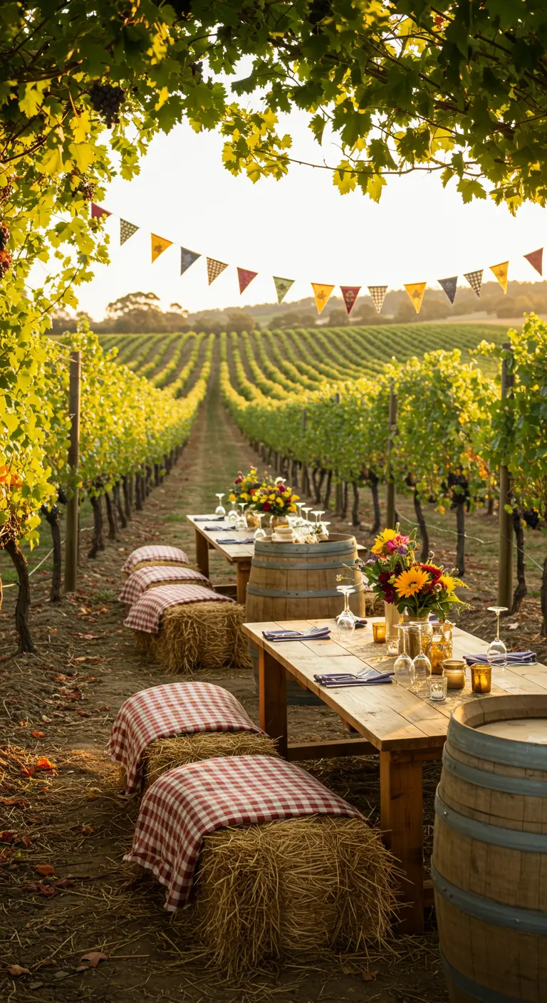 Repas dans un vignoble avec longues tables, bottes de foin avec plaids à carreaux, tonneaux et guirlandes multicolores.